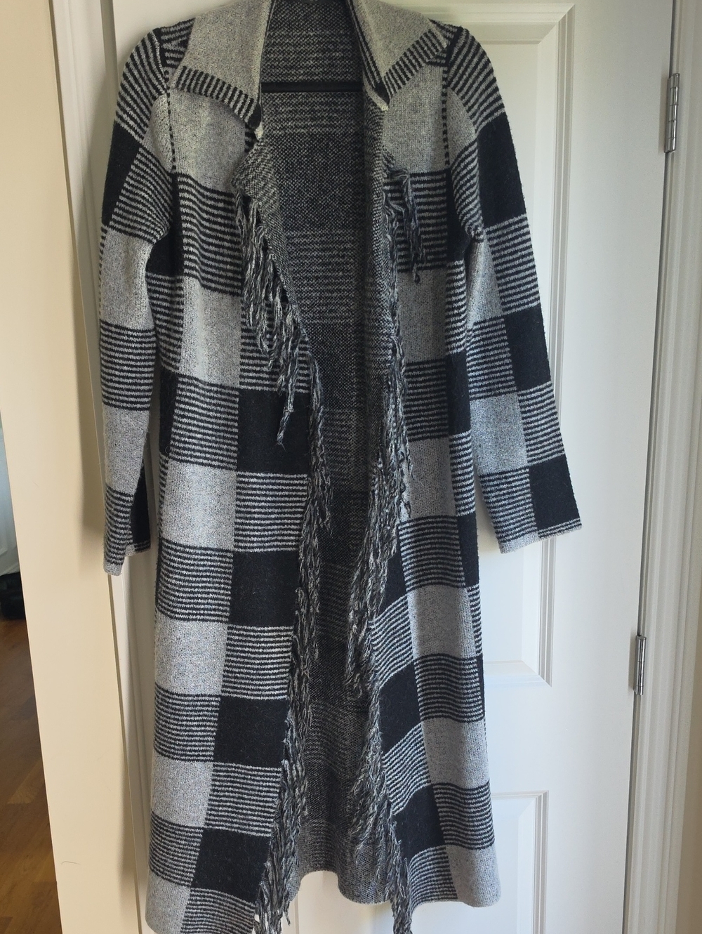 Cyrus Black and Gray Checker Fringe Open-Front Long Sweater Coat